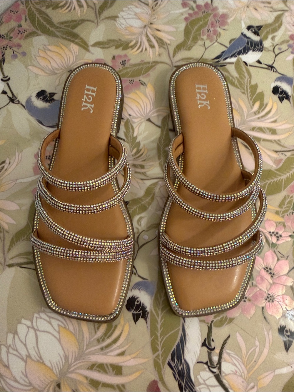 Crystal-Strap Tan Slide Sandals by H2K